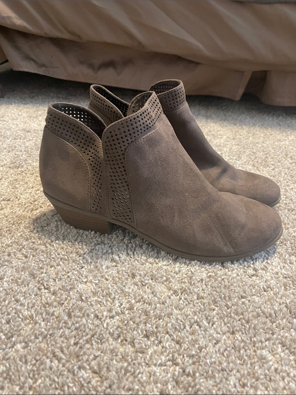 Women's Taupe Suede Feel Ankle Booties with Perforated Detail
